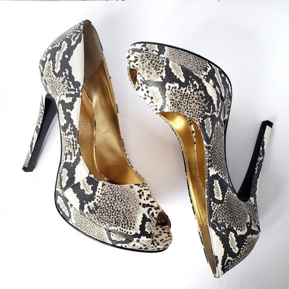 Colin Stuart Shoes - *Colin Stuart Snake Print Leather Peep Toe Heels